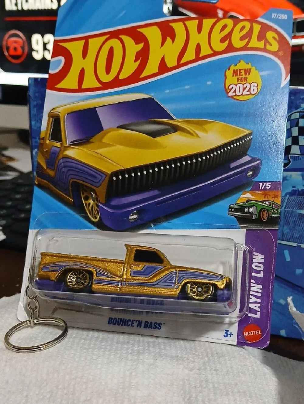 Bounce'n BASS .Gold and Purple Pickup Truck Keychain - Hot Wheels Style